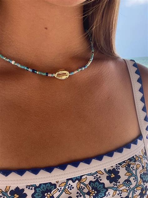 Coastal Blue Seed Bead Gold Silver Puka Shell Necklace Etsy Preppy