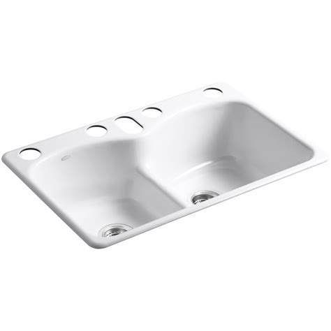 KOHLER Langlade 22-in x 33-in White Double-Basin Cast Iron Undermount 5-Hole Residential Kitchen ...