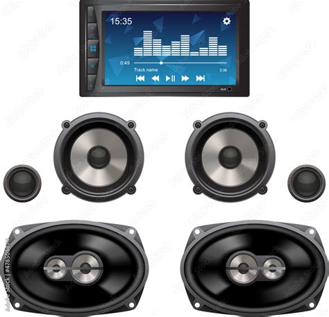 Car audio components, loud speakers and audio player on a plain background Stock Vector | Adobe ...