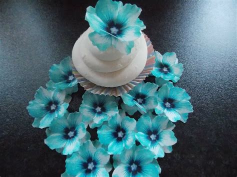 12 X 3d Edible Blue A Flowers Wafer Rice Paper Cake Cupcake Toppers