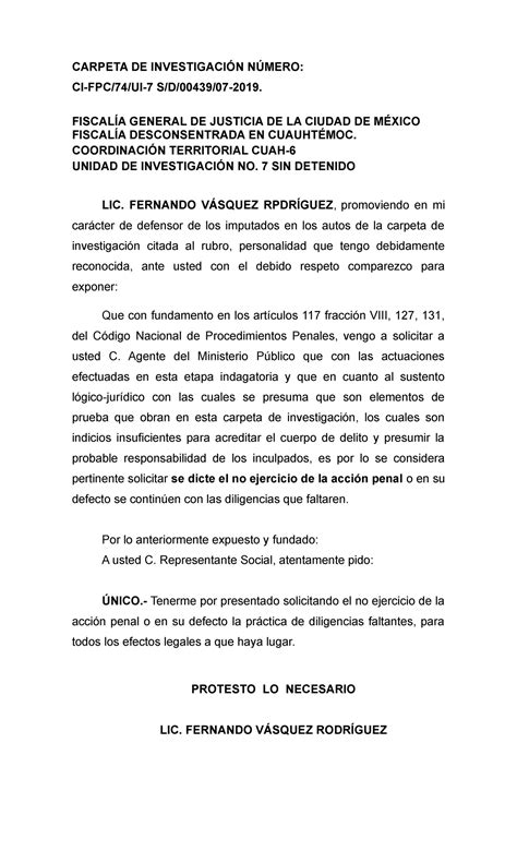 Solicitud De No Ejercicio Accion Penal Zarza Plata Carpeta De