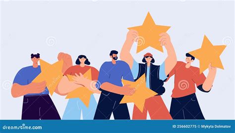 Five Stars Rating Flat Style Vector Concept. People are Holding Stars ...