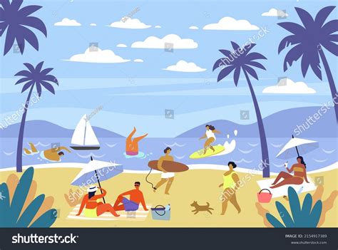 Summer Beach People Relaxing Characters Sunbathing Stock Vector