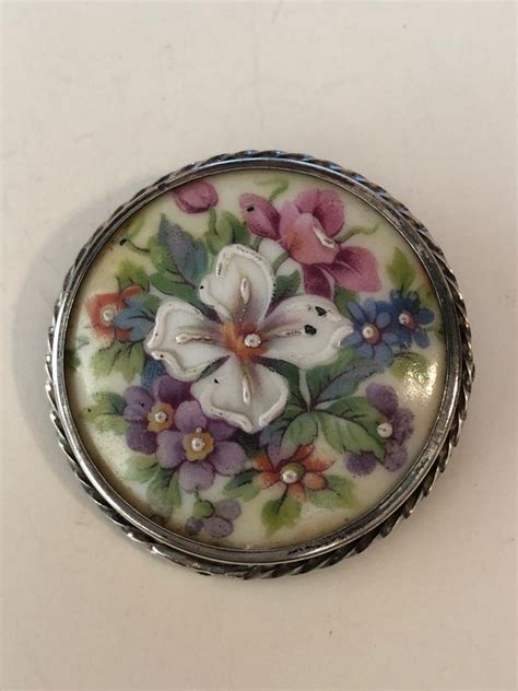 Vintage LIMOGES Hand Painted Brooch Porcelain Brooch Gem