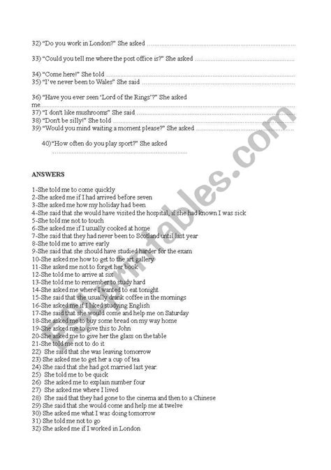 Reported Speech Tests With Answers Esl Worksheet By Off