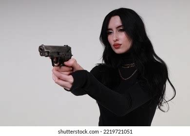 Beautiful Brunette Woman Aiming Pistol Stock Photo 2219721051 Shutterstock