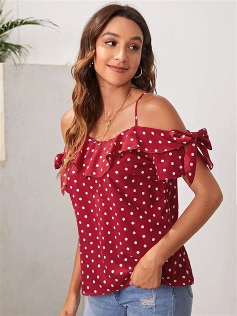 Shein Polka Dot Cold Shoulder Tie Cuff Top Tops Short African