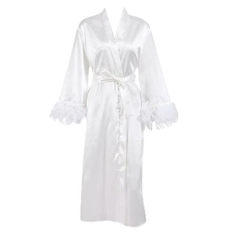 White Feather Robe With Fur Full Sleeves Sleepwear Satin Robes For