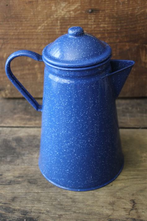 Vintage Enamelware Coffee Pot Blue White Graniteware Camp Fire Or Wood