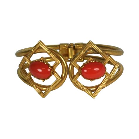 Signed Kenneth Jay Lane Chunky Faux Coral Enamel Clamper Bracelet For