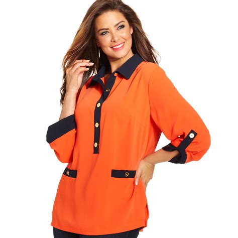 Lyst Jones New York Plus Size Three Quarter Sleeve Colorblocked Top In Orange