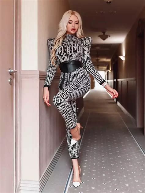 High Quality Sexy Women Long Sleeve Rayon Bandage Jumpsuit Elegant