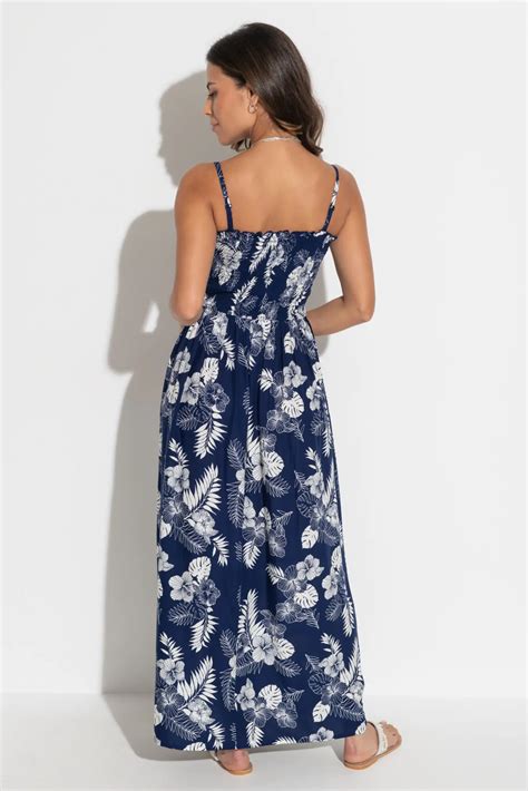 Strapless Shirred Bodice Maxi Beach Dress In Navy Tropical Pour Moi