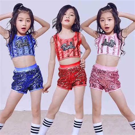 Hip Hop Dance Costume Girls Childrens Day Performance Pink Sequins