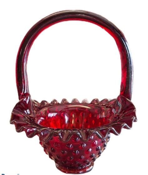 Vtg Fenton Ruby Red Hobnail Basket Gold Amberina Ruffled Edge Signed Art Glass Ebay