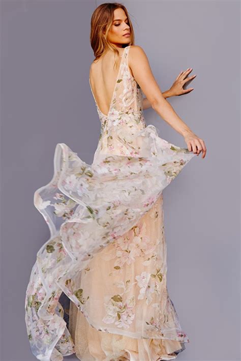 Jvn Floral Print Plunging Neck Maxi Prom Dress Jvn