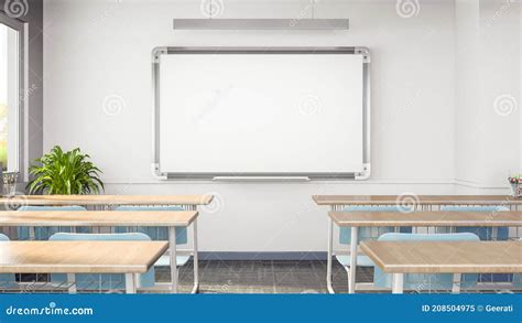 Empty Classroom Or Presentation Room Interior With Desks Chairs And Whiteboard Stock