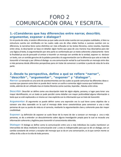 FORO 2 Comunicaón oral y escrita FORO 2 COMUNICACIÓN ORAL Y ESCRITA