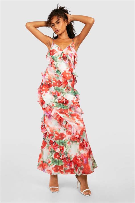 Floral Print Ruffle Detail Maxi Dress Boohoo Uk