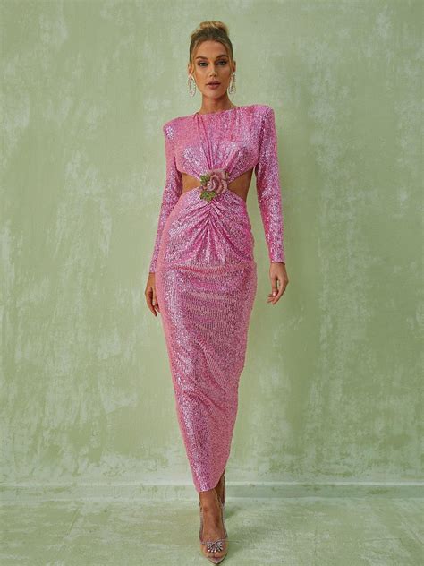 Aviva Long Sleeve Cutout Sequin Maxi Dress In Pink Mew Mews