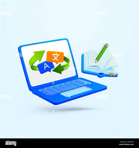 3d laptop with language transfer icon, opened book, writing pencil ...