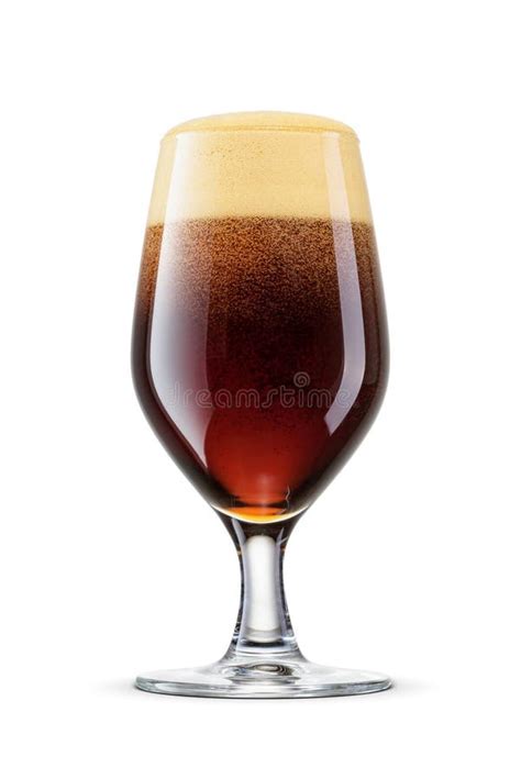 Tulip Glass Of Fresh Dark Stout Beer With Cap Of Foam Isolated On White