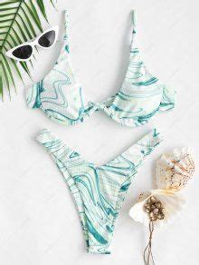 Zaful High Cut Ribbed Monowire Marble Print Bikini Swimwear In Light