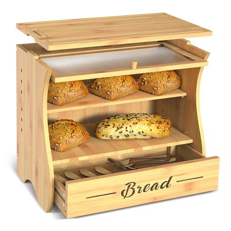 Large Bread Box With Cutting Board Bamboo Bread Boxes For Kitchen Counter Airtight Double Layer