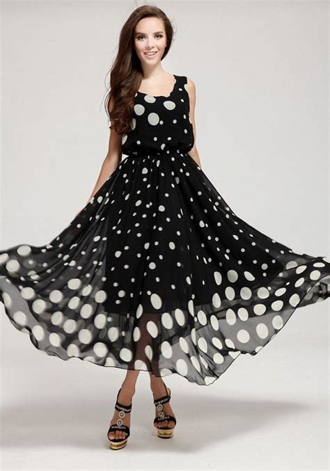 Black Polka Dot Round Neck Chiffon Maxi Dress Maxi Dresses Dresses Black Chiffon Maxi Dress