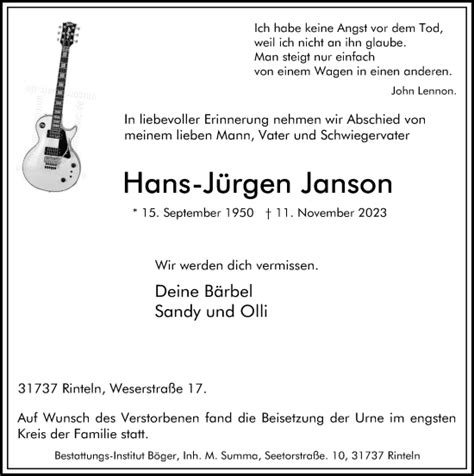 Traueranzeigen von Hans Jürgen Janson trauer anzeigen de