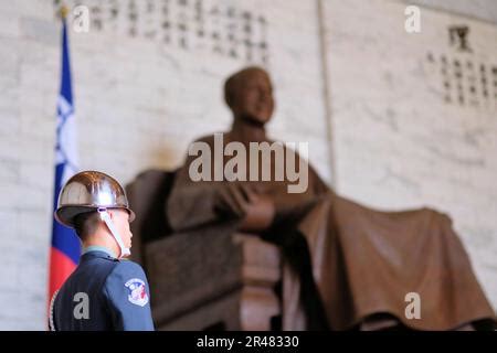 Military Guard Watching Over Bronze Statue Of Chiang Kai Shek In The