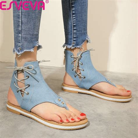 ESVEVA 2020 Denim Lace Up Slingback Women Sandals Summer Ankle Strap