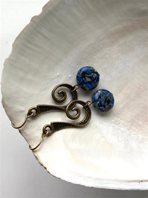 Blue Imperial Jasper Gemstone With Antique Bronze Swirl Beaded Earrings