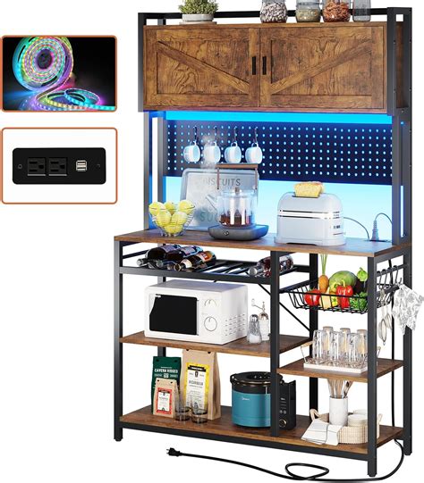 Amazon Itaar Bakers Rack With Power Outlet And Led Lights Coffee