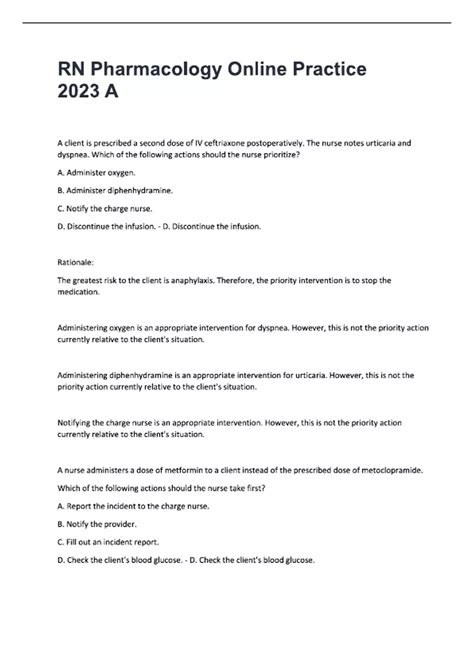 Rn Pharmacology Online Practice 2023 A