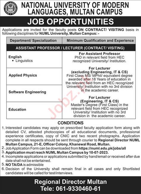 Numl Multan Campus Jobs Job Advertisement Pakistan