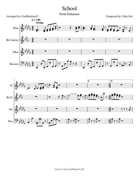 School Toby Fox Deltarune Orchestrated Sheet Music For Flute Oboe Clarinet In B Flat