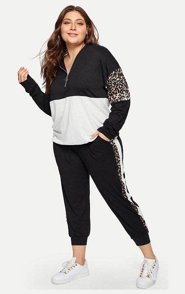 Shein Half Placket Leopard Print Hoodie And Sweatpants Set Plus Size