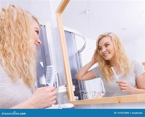 Woman Brushing Her Wet Blonde Hair Stock Photo Image Of Healthy Body