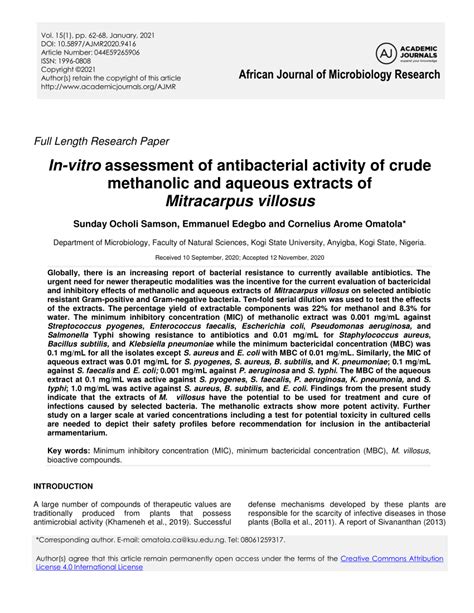 Pdf In Vitro Assessment Of Antibacterial Activity Of Crude Methanolic