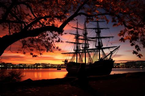 Majestic Tall Ship At Sunset With City Lights In The Background Stock