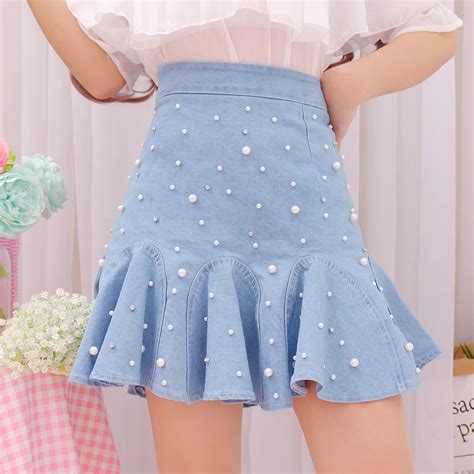 Casual Pearls Beading Jean Skirt Women Streetwear Ruffles Hem Cute A