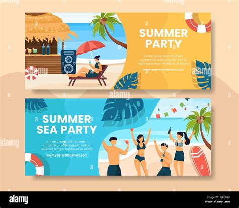 Summer Party Horizontal Banner Template Flat Cartoon Background Vector