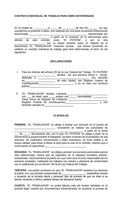 Contrato Obra Determinada Contrato Individual De Trabajo Para Obra