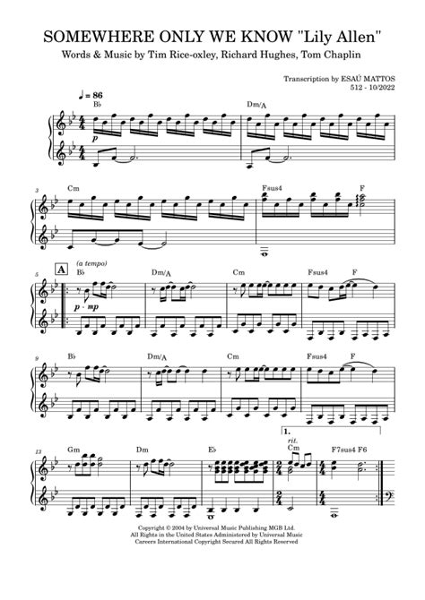 Somewhere Only We Know Arr Esa Mattos By Keane Sheet Music For