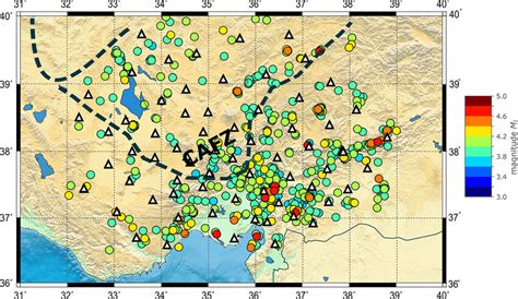 A total of 916 selected earthquakes with varying magnitudes are shown ...