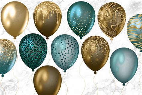 Teal And Gold Balloons Clipart Glitter Balloon Png Digital Etsy