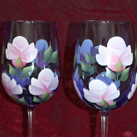 Hand Painted Wine Glasses Vintage Rose On Cobalt Blue Glass Etsy