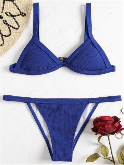 37 OFF 2021 Ribbed Texture String Bikini Set In COBALT BLUE ZAFUL