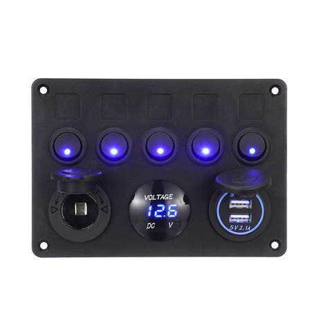 12 24V 5 Gang Blue LED Rocker Switch Panel Dual USB Car Boat Marine RV